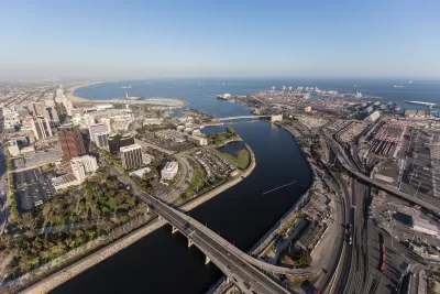 Aerial view of terminus of Los Angeles River and port infrastructure in Long Beach, California