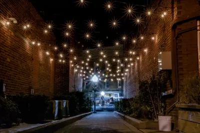 String lights across an alley in Cranford, New Jersey at night.