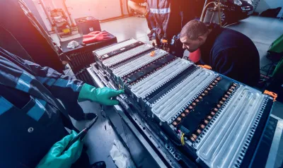 Two workers disassembling a set of leectric car batteries in a factory.