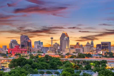 San Antonio, Texas skyline at sunset.
