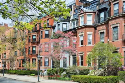 Brick brownstone homes in Back Bay, Boston with green hedges in front.