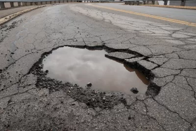 CLose-up of pothole in asphalt road filled with water reflecting grey cloudy sky.
