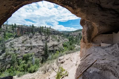 View from inside large cave with ancient Mogollan cliff dwellings in Gila Wilderness, New Mexico.
