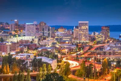 Nighttime view of Tacoma, Washington skyline