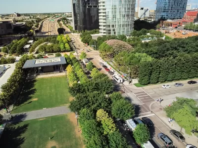 Aerial view of Klyde Warren deck park on freeway cap in downtown Dallas, Texas.