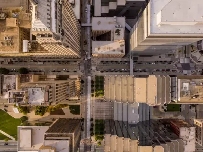 Bird's eye view of high-rise buildings in downtown Oklahoma City, Oklahoma.