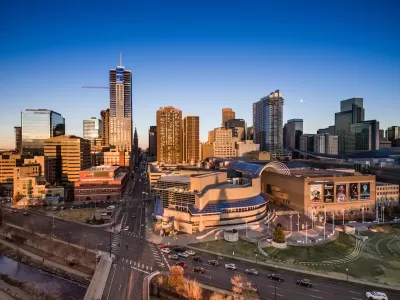 Aerial view of Denver, Colorado skyline at golden hour.