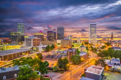 Aerial view of Tulsa, Oklahoma at twilight.