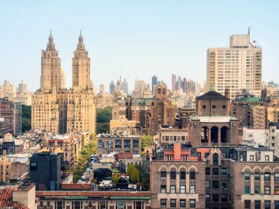 View of buildings of various heights and styles in New York City.