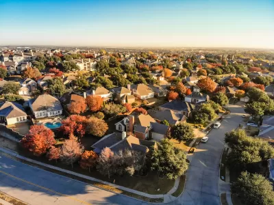 Aerial view of single-family suburban neighborhood in Dallas, Texas.