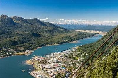 Aerial view of Juneau, Alaska town and waterfront from aerial tram.