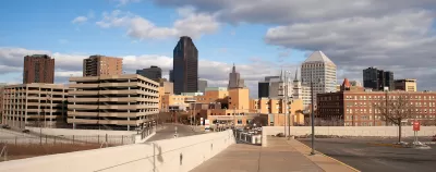 View of parking structures and downtown St. Paul, Minnesota skyline.