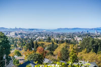View of San Francisco Bay on sunny day from residential area of Oakland, California.