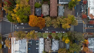 Bird's eye view of houses in midtown Sacramento, California.