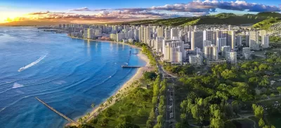 Aerial view of Honolulu, Hawaii with oceanfront.