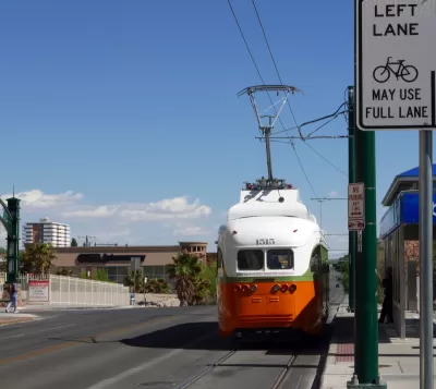 Orange and white streetcar in El Paso, Texas.