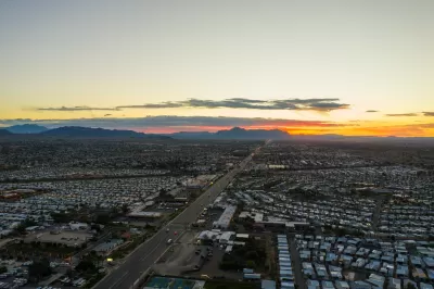 Aerial view of mobile home park next to freeway in Mesa, Arizona