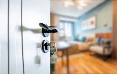 Close-up on door handle with door key inserted and blurred furnished room visible beyond.