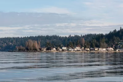 View across lake of small town of Burien in Washington state.