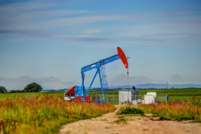 Blue and red oil pumpjack in field surrounded by grasses and wildflowers in rural Alberta, Canada.