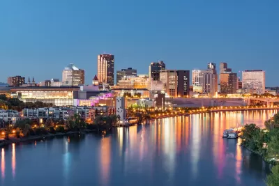 Evening view of downtown St. Paul, Minnesota across Mississippi River.