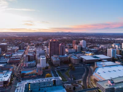 Aerial view of downtown Albuquerque, New Mexico at sunset.