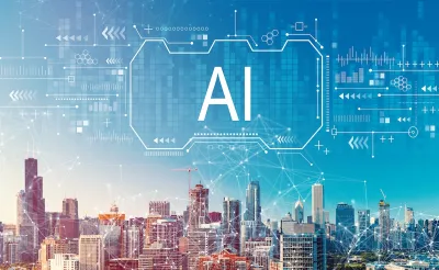 "AI" logo with digital lines indicating smart city/AI over Chicago skyline.