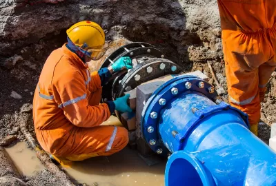 Worker in orange suit and hard hat working on large blue water pipe in ground.