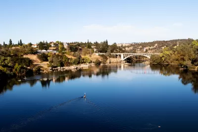 View of Rainbow Bridge over Lake Natoma in Folsom, California.