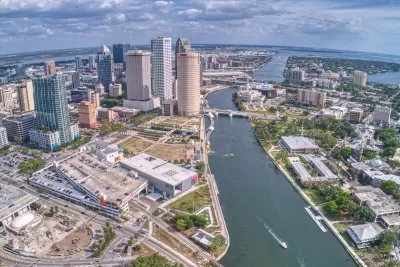 Aerial view of downtown Tampa, Florida with Hillsborough River in foreground