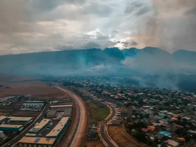 Aerial view of smoke from fires in Lahaina area of Maui, Hawaii.