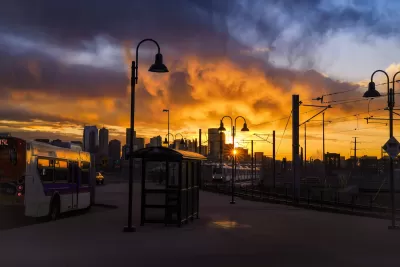 Nighttime view of bus stop in Denver, Colorado