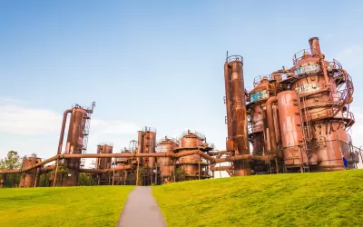Gas Works Park with old, rusty coal gasification equipment in Seattle, Washington.