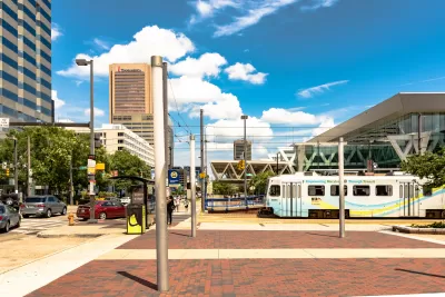 Transit station with light rail train in Baltimore, Maryland