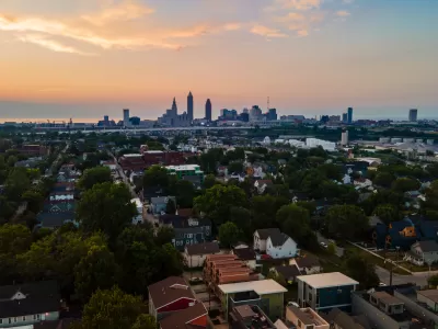 View of Cleveland, Ohio skyline at sunset