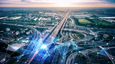 AI-generated aerial view of freeway interchange with digital lines overlaid to indicate AI traffic management