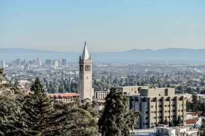 Aerial view of UC Berkeley campus with Campanile tower 