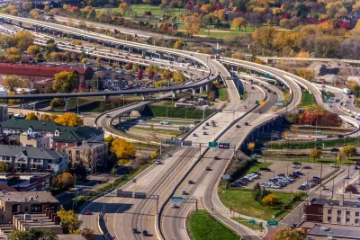 View from 35th floor of building of freeway in Minneapolis, Minnesota.