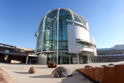Glass dome at front of modern San Jose City Hall building in San Jose, California.