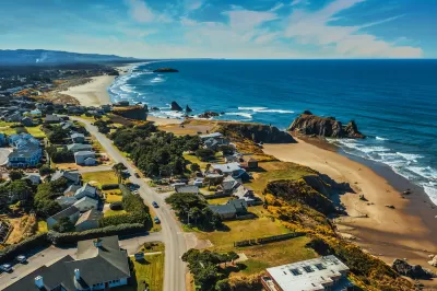 Aerial view of coastal Oregon town.