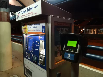 Transit fare purchase box at above-ground transit station in Santa Clara, California.