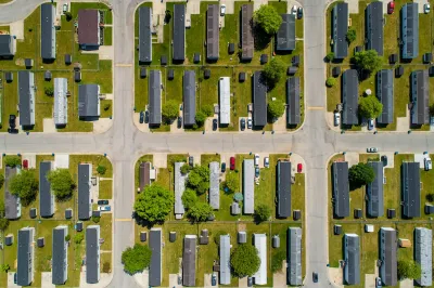 Bird's eye view of manufactured home park.