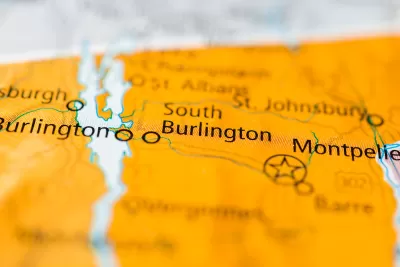 Close-up of South Burlington, Vermont on yellow map.