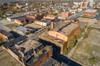 Aerial view of derelict brick buildings in post-industrial Gary, Indiana.