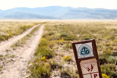 Close-up on BLM sign on Continental Divide Trail in Rawlins, Wyoming.