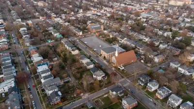 Aerial view of church and houses in Richmond, Virginia.