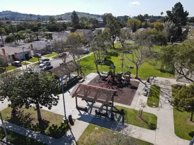 Aerial view of park playground in West Los Angeles, California.