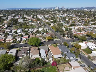 Aerial view of low-rise neighborhood in Los Angeles, California.