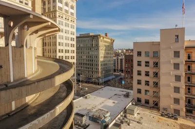 Spiral ramp on exterior of parking garage in downtown Spokane, Washington.