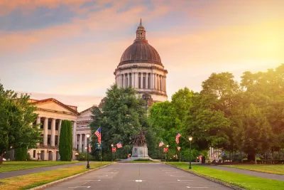 View of Washington state capitol dome in Olympia, Washington at golden hour.